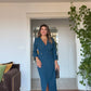 GOLD BUTTON DETAIL WRAP NECKLINE MIDI DRESS - GREEN