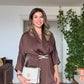 SATIN TEXTURED ELEGANT SET WITH BELT DETAIL - BROWN