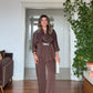 SATIN TEXTURED ELEGANT SET WITH BELT DETAIL - BROWN