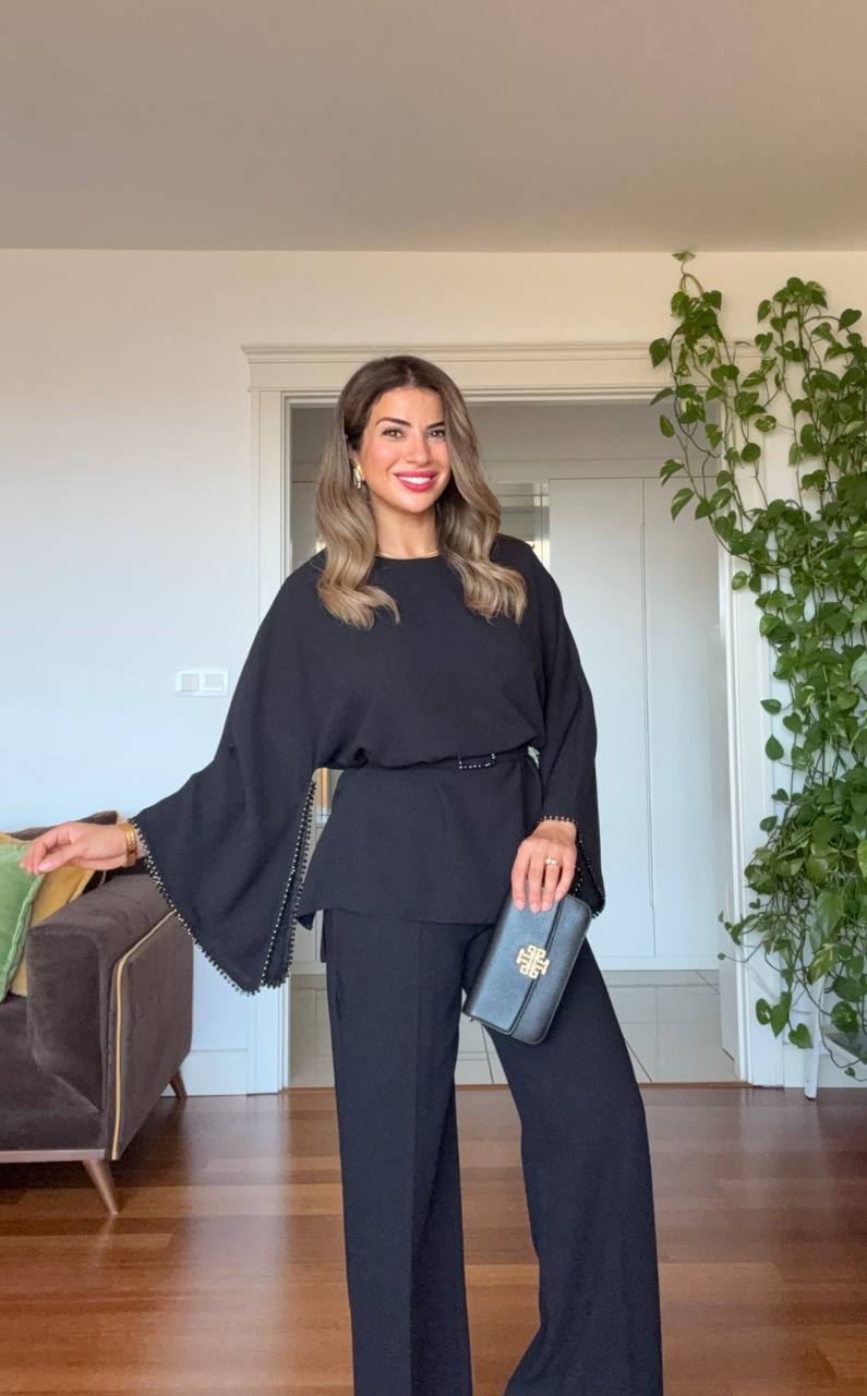 PEARL-TRIM WIDE-LEG SUIT - BLACK