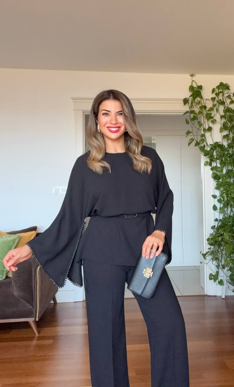 PEARL-TRIM WIDE-LEG SUIT - BLACK