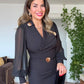 BROOCH DETAIL CHIFFON SLEEVE WRAP MIDI DRESS – BLACK