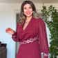 CHIFFON DETAILED EMBROIDERED BELT SUIT – BURGUNDY
