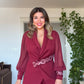 CHIFFON DETAILED EMBROIDERED BELT SUIT – BURGUNDY