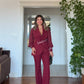 CHIFFON DETAILED EMBROIDERED BELT SUIT – BURGUNDY
