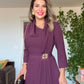 DRAPED BROOCH DETAIL LONG DRESS - PLUM
