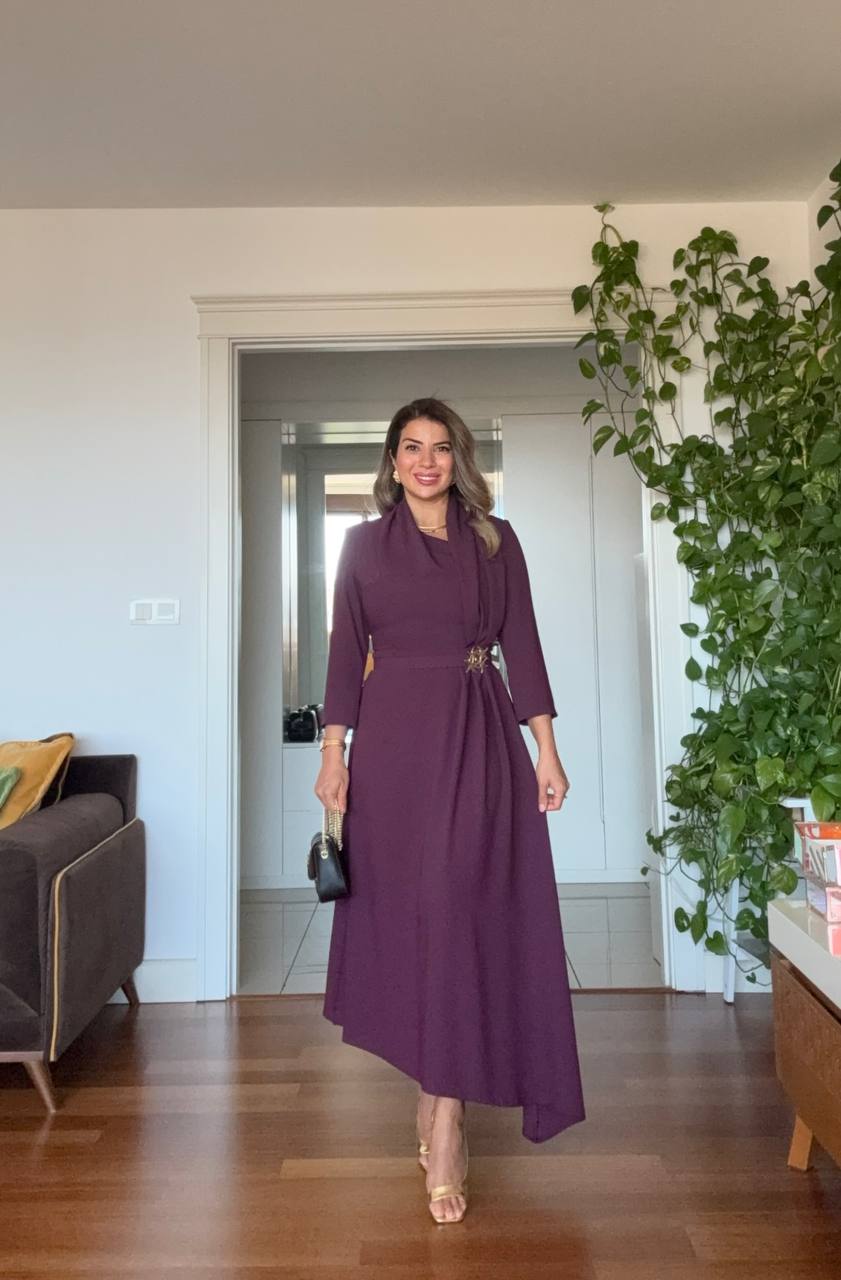 DRAPED BROOCH DETAIL LONG DRESS - PLUM