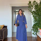 DRAPED BROOCH DETAIL LONG DRESS - INDIGO