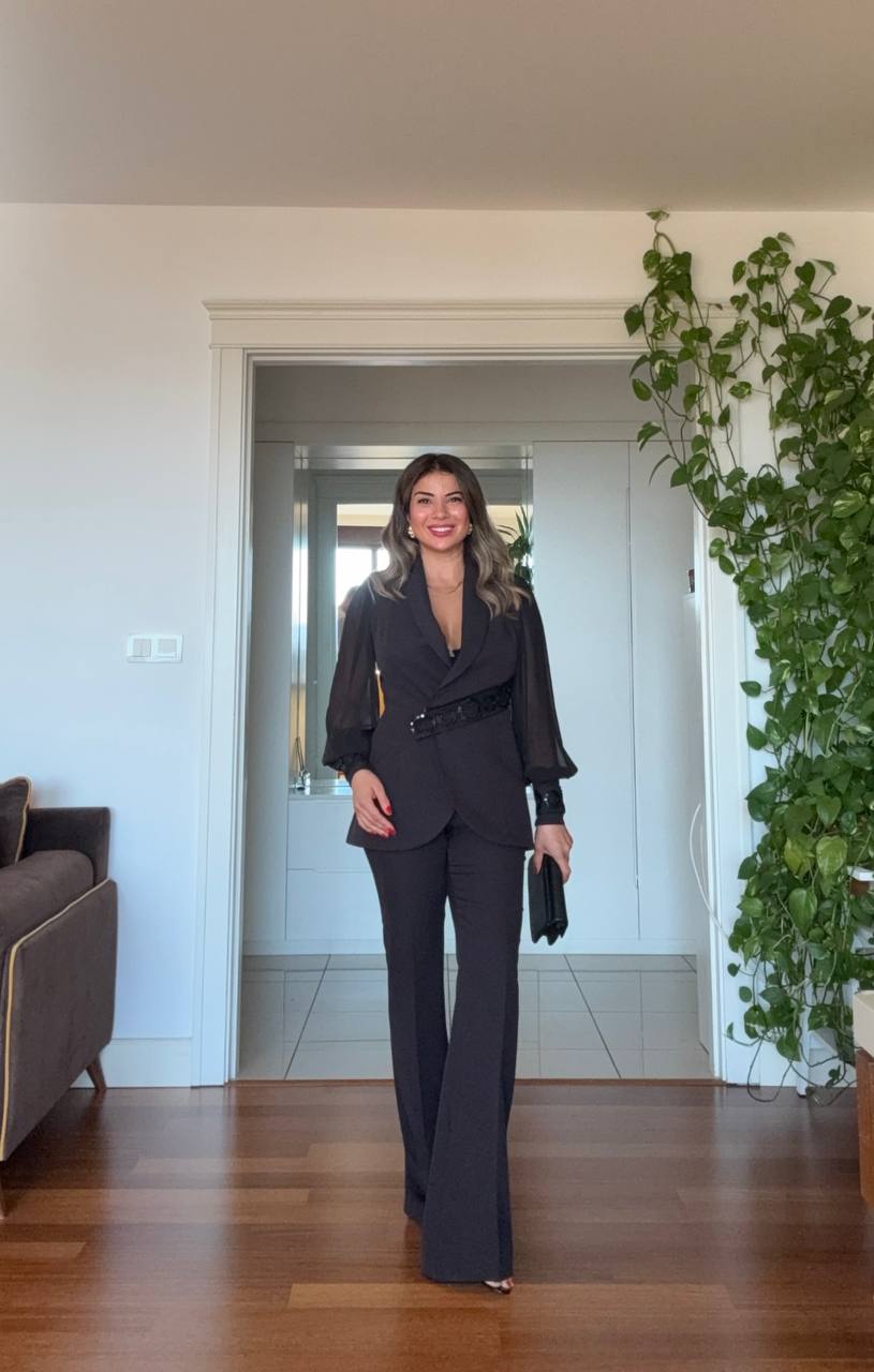 CHIFFON DETAILED EMBROIDERED BELT SUIT – BLACK