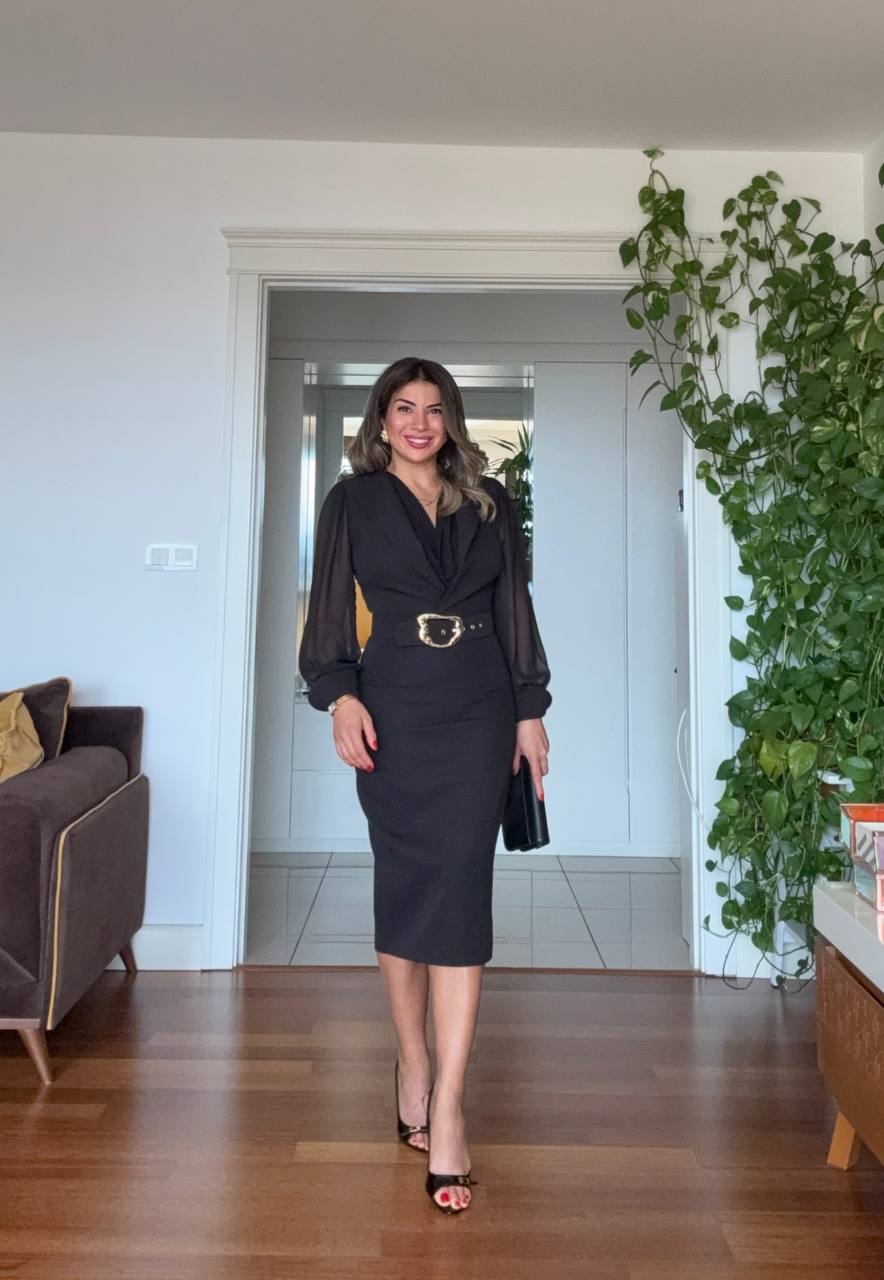WRAP MIDI DRESS WITH GOLD BUCKLE – BLACK