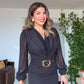 WRAP MIDI DRESS WITH GOLD BUCKLE – BLACK