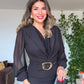 WRAP MIDI DRESS WITH GOLD BUCKLE – BLACK