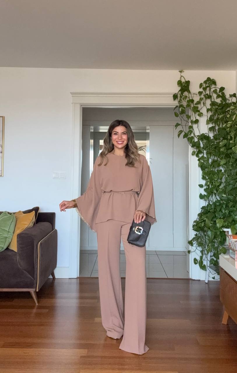 STONE-EMBELLISHED WIDE-LEG PANTS - CAMEL