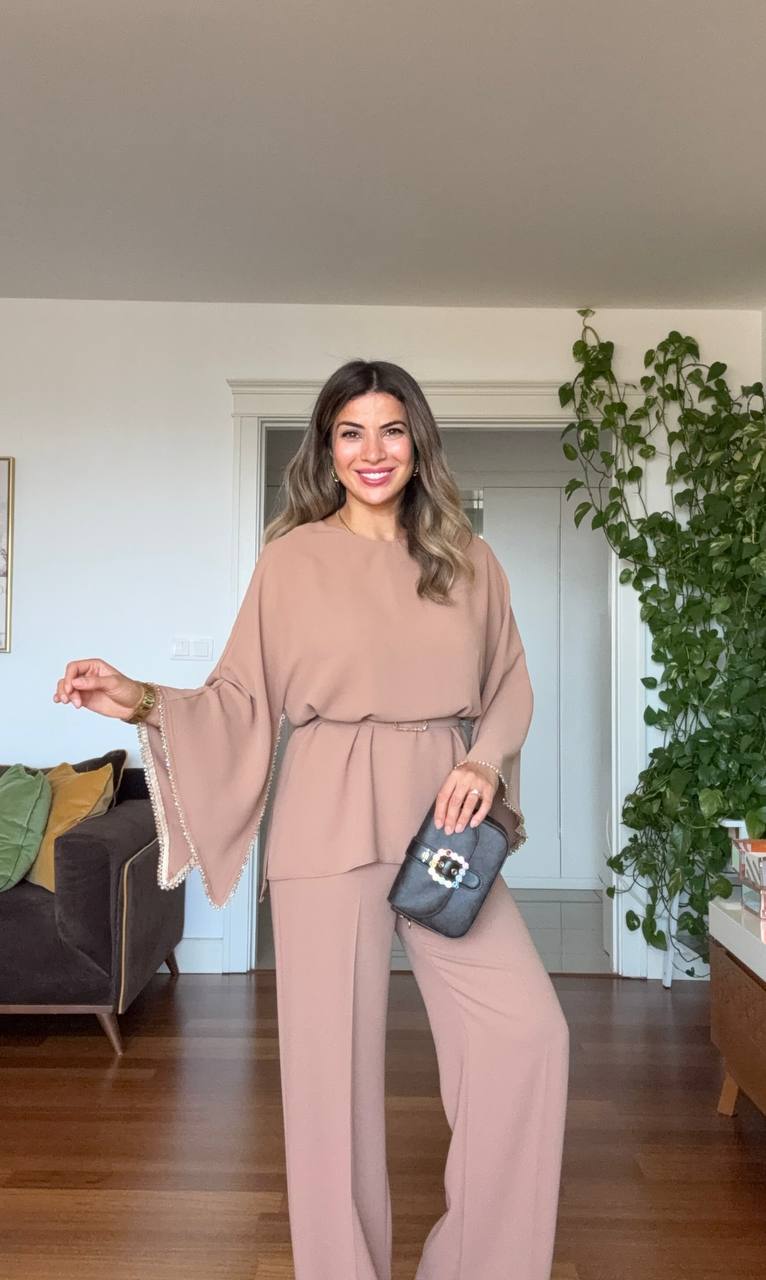 STONE-EMBELLISHED WIDE-LEG PANTS - CAMEL