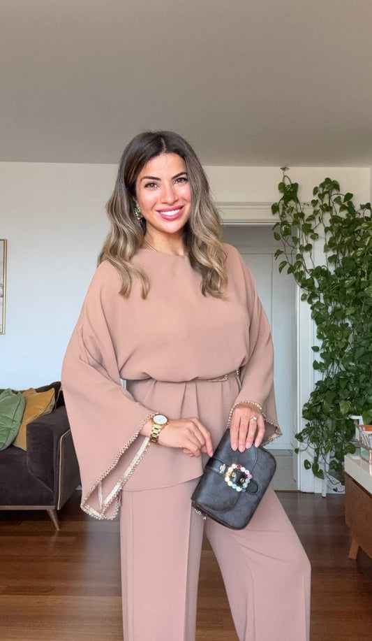 STONE-EMBELLISHED WIDE-LEG PANTS - CAMEL