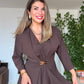 WRAP SUIT WITH GOLD BUCKLE DETAIL –  BROWN