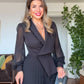V-NECK PLEATED BEADED DETAIL JUMPSUIT - BLACK