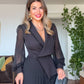 V-NECK PLEATED BEADED DETAIL JUMPSUIT - BLACK