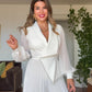 V-NECK PLEATED BEADED DETAIL JUMPSUIT - WHİTE