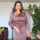 ASYMMETRICAL NECK SATIN DRESS WITH BELT DETAIL - DUSTY ROSE