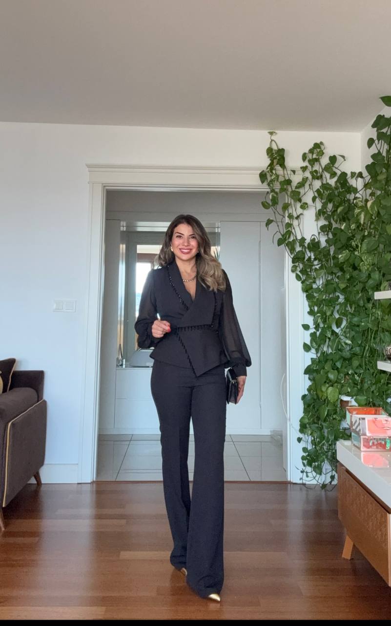 SLEEVE WITH TULLE DETAIL STONE-EMBELLISHED SUIT - BLACK