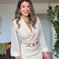 ELEGANT V-NECK BELTED DRESS - BEİGE
