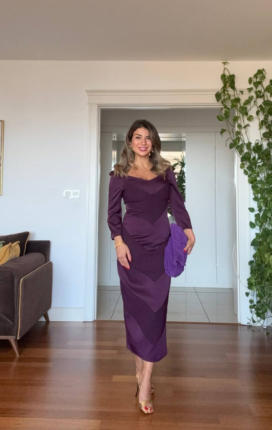 V-NECK DRAPED SATIN LOOK DRESS – PURPLE