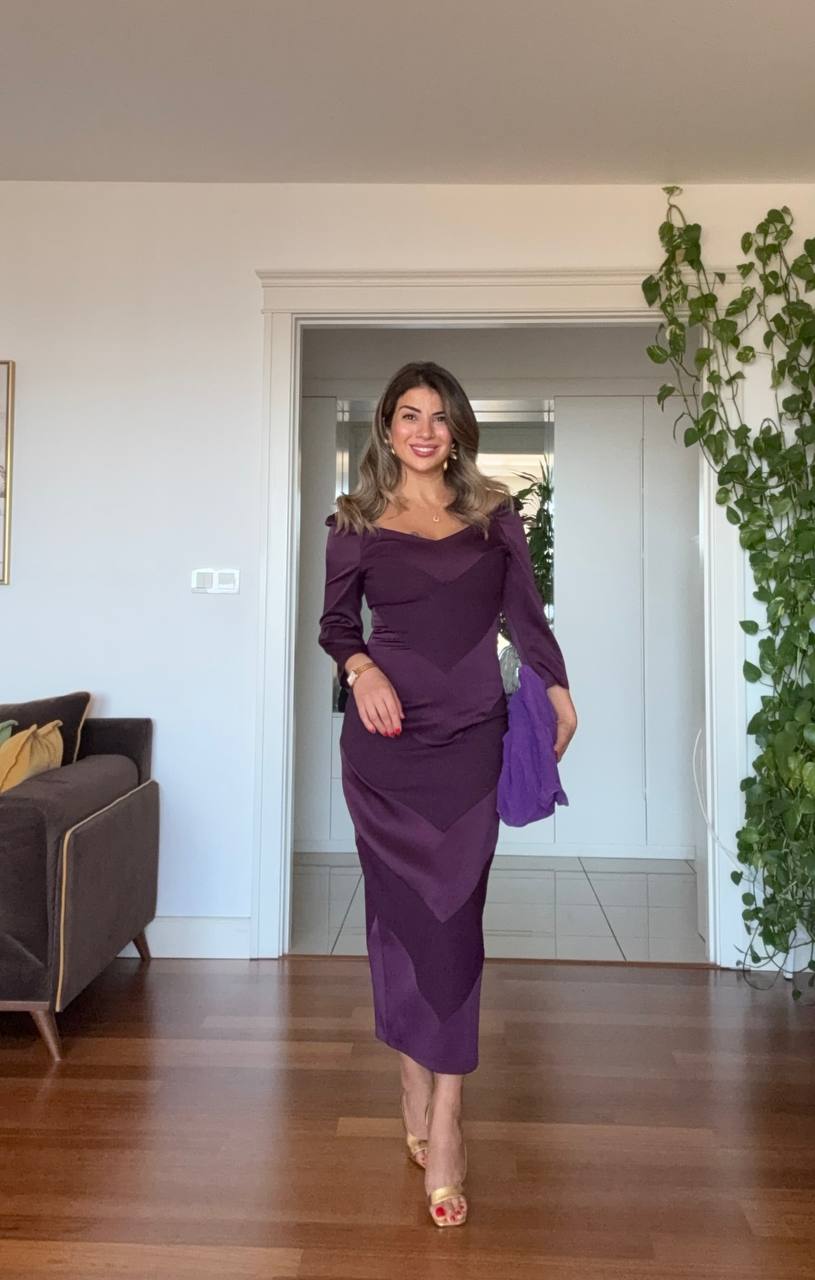 V-NECK DRAPED SATIN LOOK DRESS – PURPLE