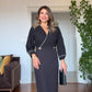 ELEGANT V-NECK BUTTON DETAIL PENCIL DRESS – BLACK