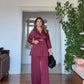 WRAP SUIT WITH GOLD BUCKLE DETAIL – BURGUNDY