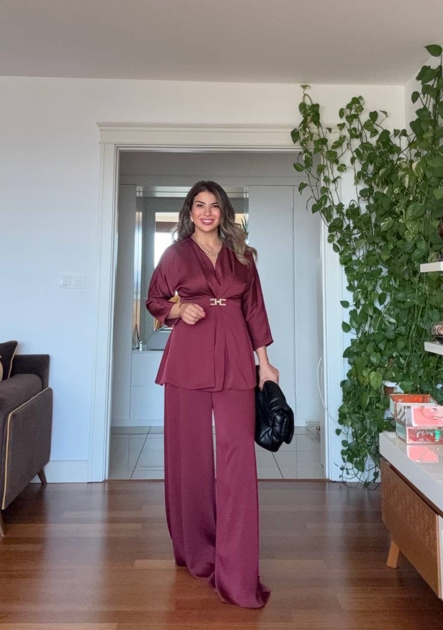 WRAP SUIT WITH GOLD BUCKLE DETAIL – BURGUNDY