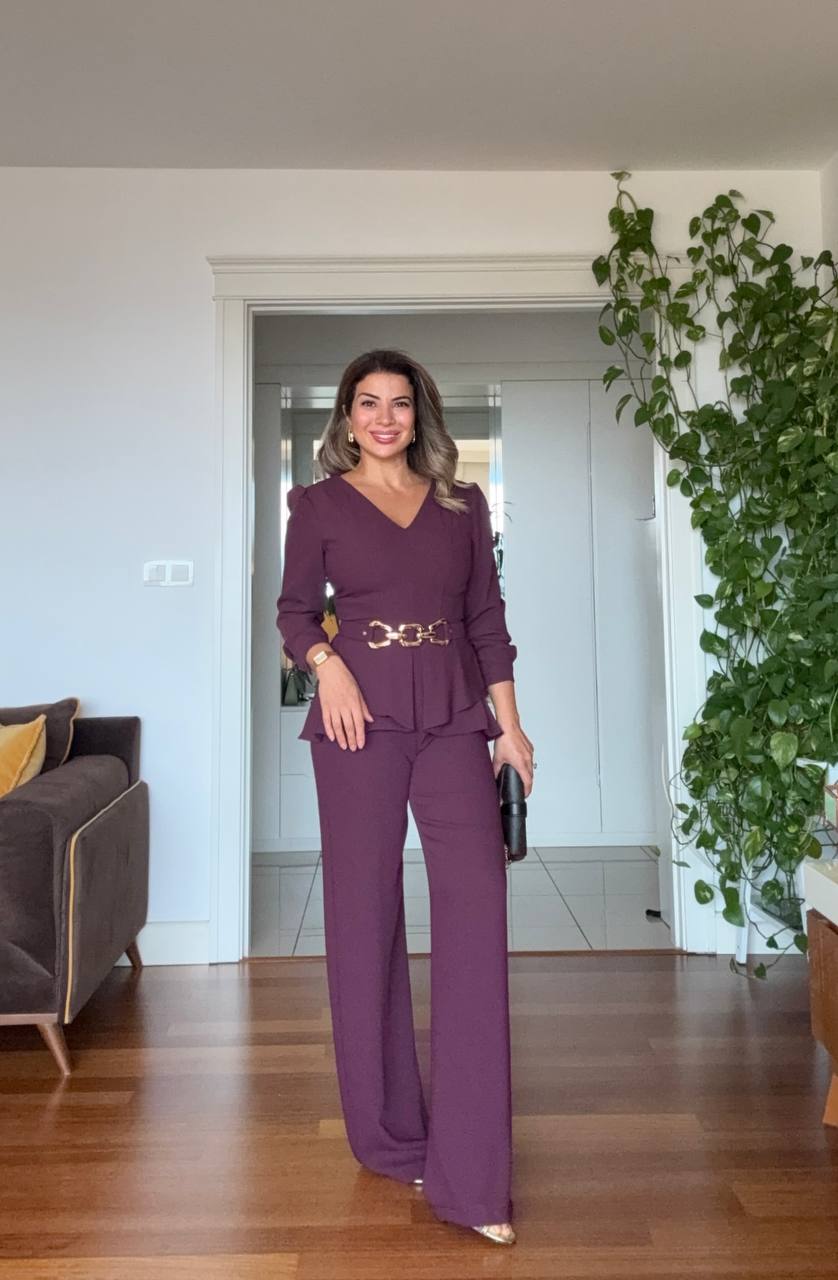 ELEGANT V-NECK CHAIN BELT DETAIL SUIT – PLUM