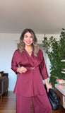 WRAP SUIT WITH GOLD BUCKLE DETAIL – BURGUNDY