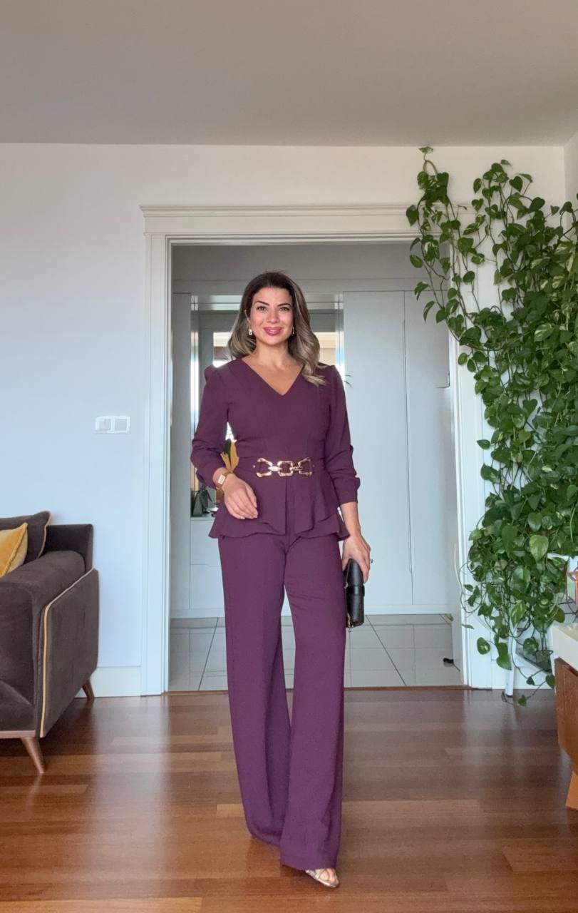 ELEGANT V-NECK CHAIN BELT DETAIL SUIT – PLUM