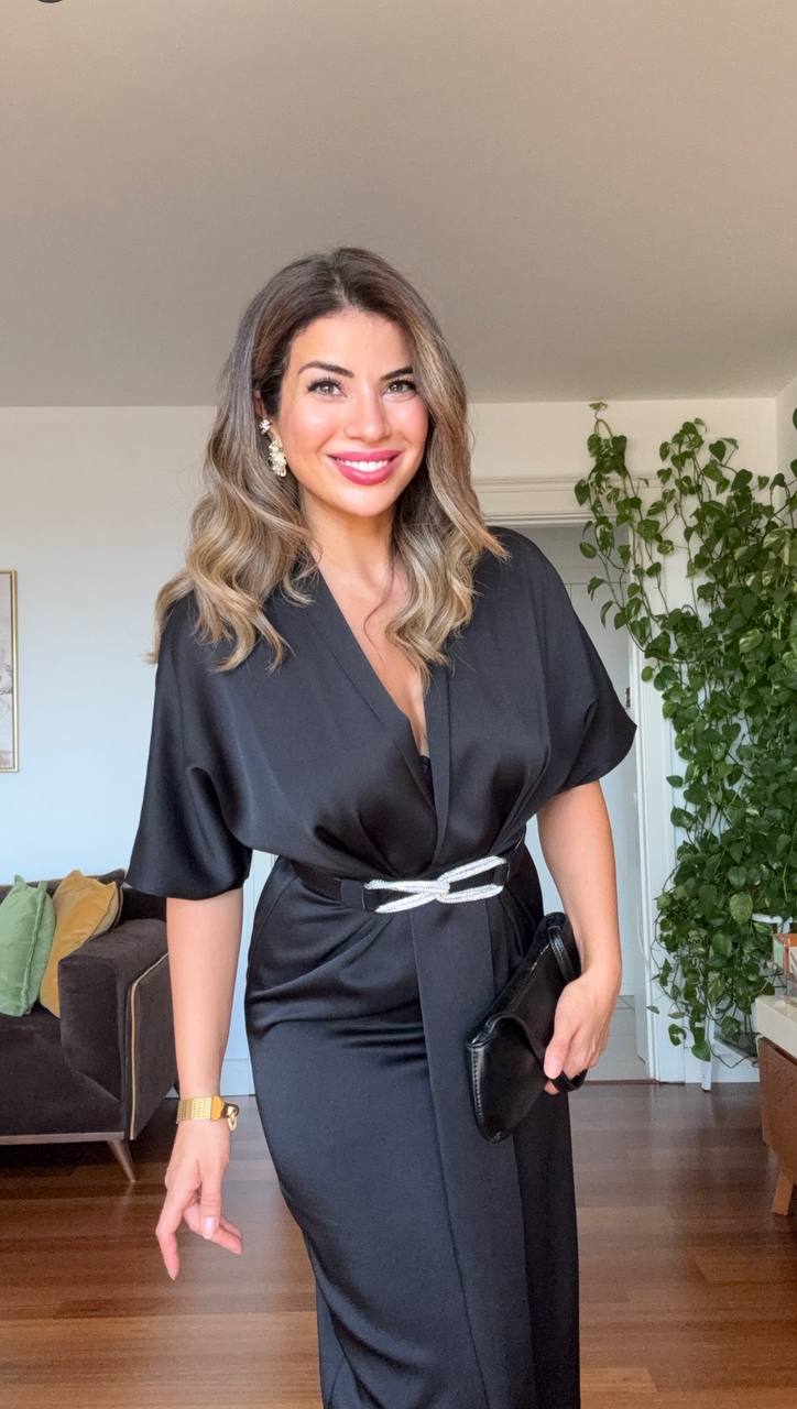 ELEGANT V-NECK SATIN DRESS WITH BELT DETAIL - BLACK