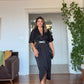 ELEGANT V-NECK SATIN DRESS WITH BELT DETAIL - BLACK