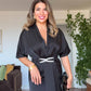 ELEGANT V-NECK SATIN DRESS WITH BELT DETAIL - BLACK