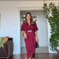 ELEGANT V-NECK SATIN DRESS WITH BELT DETAIL - BURGUNDY