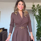 WRAP NECK BELTED MIDI DRESS - BROWN