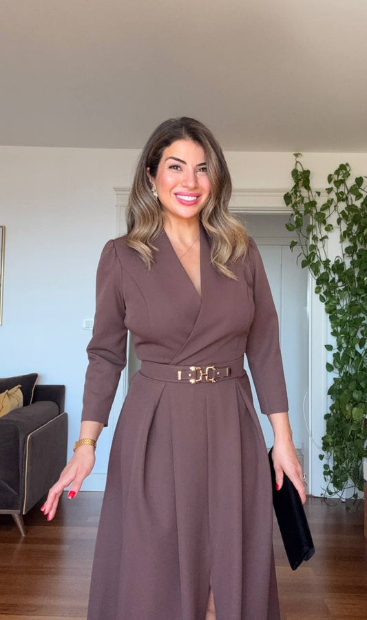 WRAP NECK BELTED MIDI DRESS - BROWN