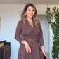 WRAP NECK BELTED MIDI DRESS - BROWN