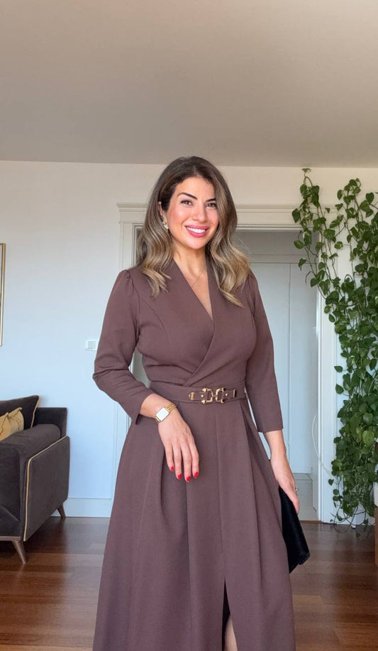 WRAP NECK BELTED MIDI DRESS - BROWN