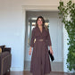 WRAP NECK BELTED MIDI DRESS - BROWN