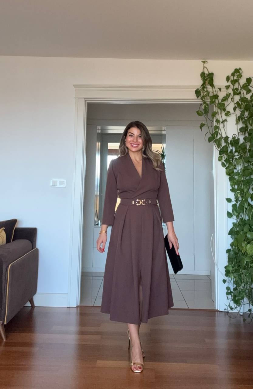 WRAP NECK BELTED MIDI DRESS - BROWN