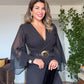 ELEGANT BLACK JUMPSUIT WITH RUFFLED CHIFFON SLEEVES & BELT DETAIL