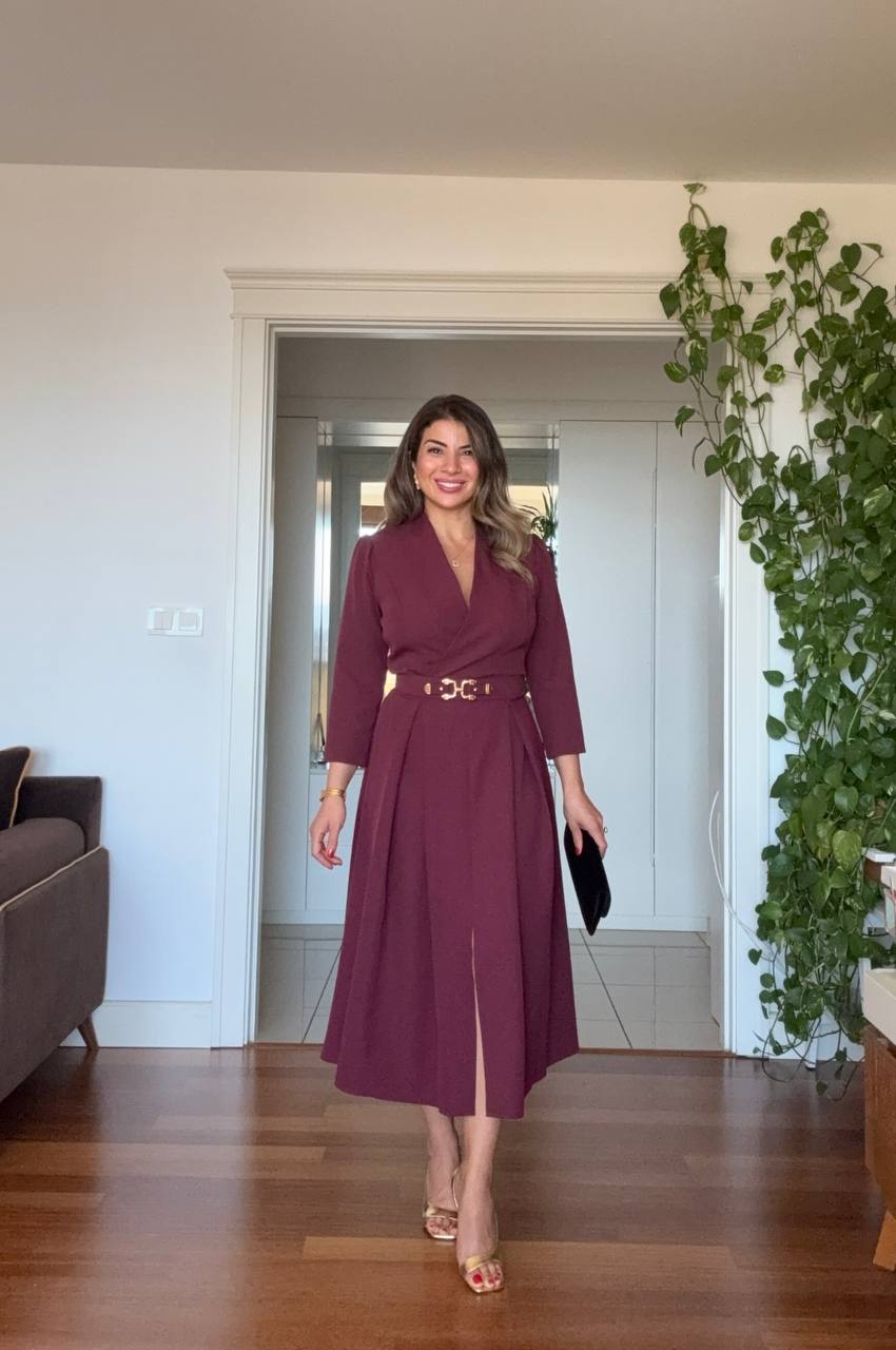 WRAP NECK BELTED MIDI DRESS - BURGUNDY