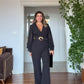 ELEGANT BLACK JUMPSUIT WITH RUFFLED CHIFFON SLEEVES & BELT DETAIL