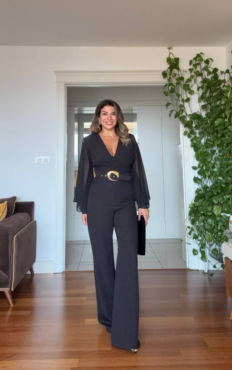ELEGANT BLACK JUMPSUIT WITH RUFFLED CHIFFON SLEEVES & BELT DETAIL
