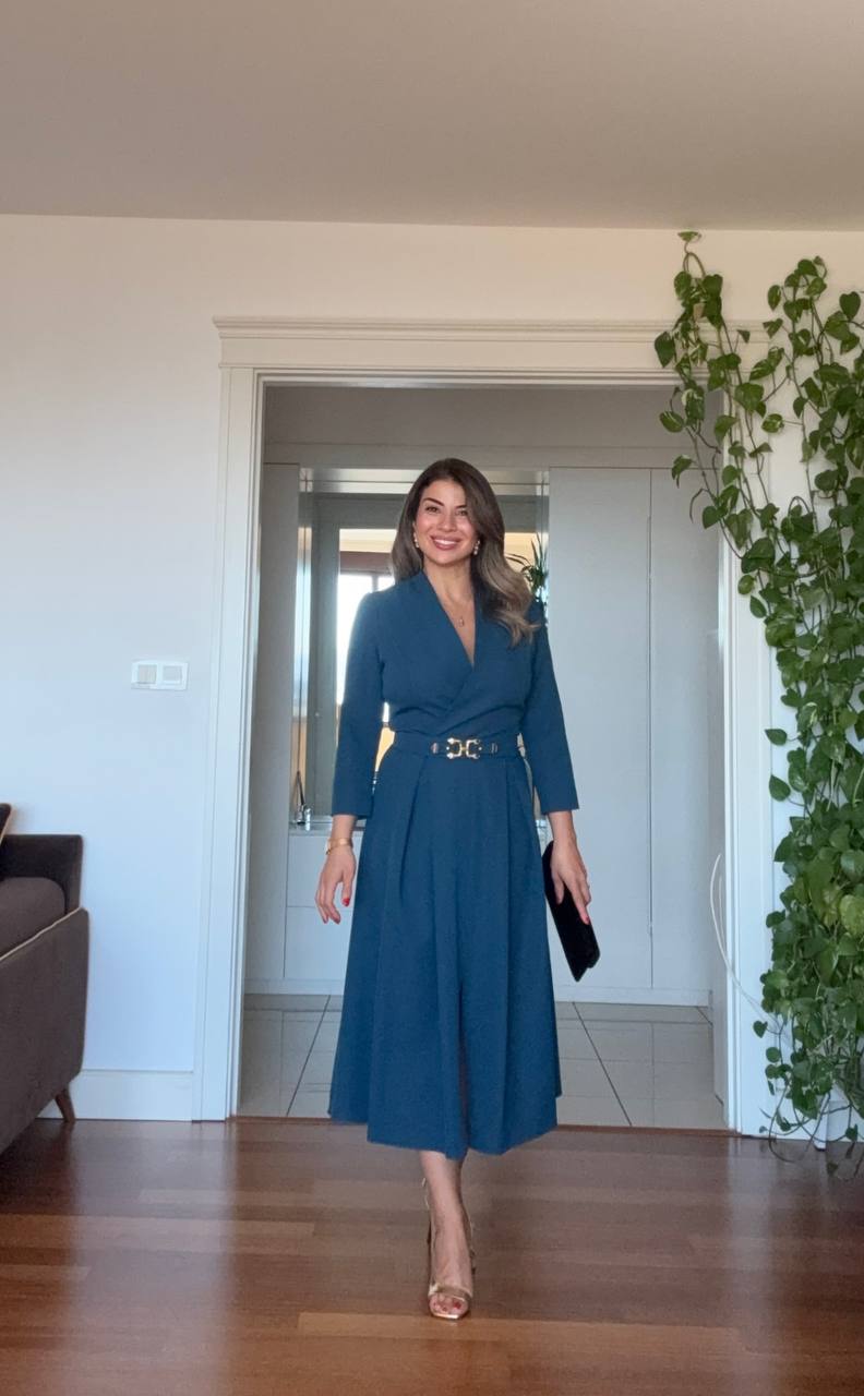 WRAP NECK BELTED MIDI DRESS - PETROL BLUE