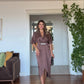ELEGANT V-NECK SATIN DRESS WITH BELT DETAIL - MOCHA BROWN